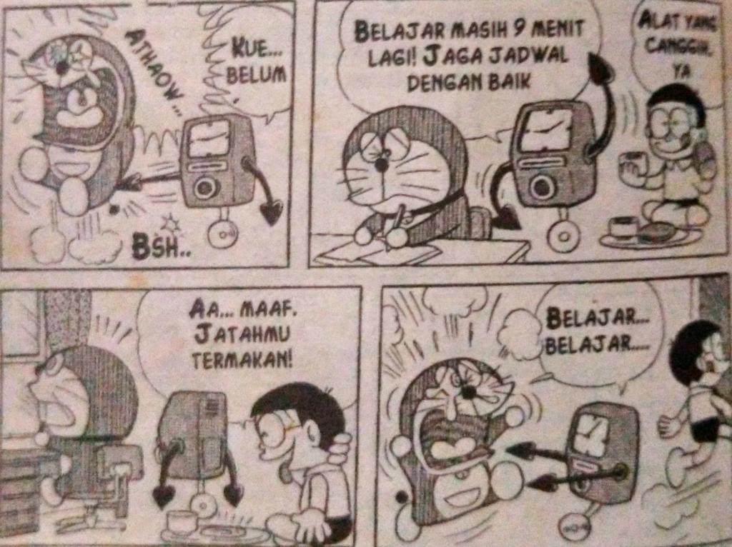 Jam Jadwal menyuruh Doraemon pulang untuk makan malam di versi terjemahan lama.