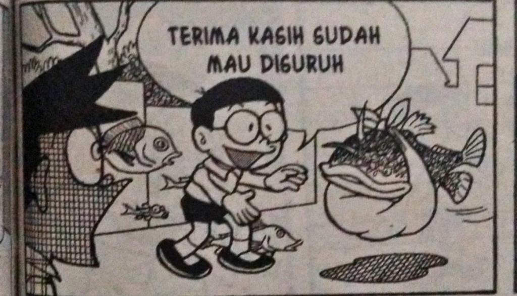 Nobita berterima kasih ke ikan lele yang sudah mau disuruh belanja.