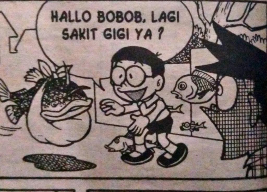 Nobita menyapa Bobob, seekor ikan lele, yang sakit gigi.