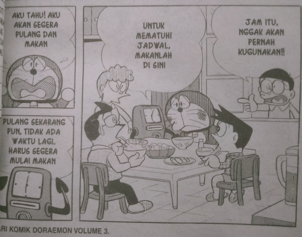 Jam Jadwal menyuruh Doraemon makan malam di rumah Suneo di versi terjemahan baru.