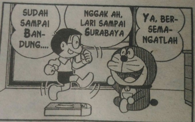 Nobita berlari di alat treadmill indoor Doraemon dan bercita-cita tiba di Surabaya.
